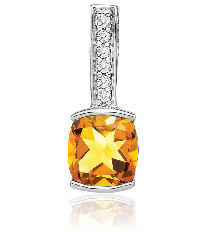 14K Solid White Gold Cushion-Cut Yellow Orange Citrine Diamond Necklace Charm Gemstone Pendant