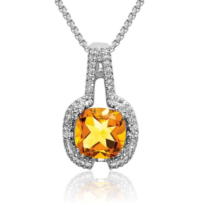 14K Solid White Gold Cushion-Cut Yellow Orange Citrine Diamond Necklace Charm Gemstone Pendant