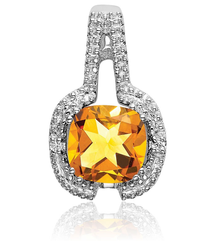 14K Solid White Gold Cushion-Cut Yellow Orange Citrine Diamond Necklace Charm Gemstone Pendant