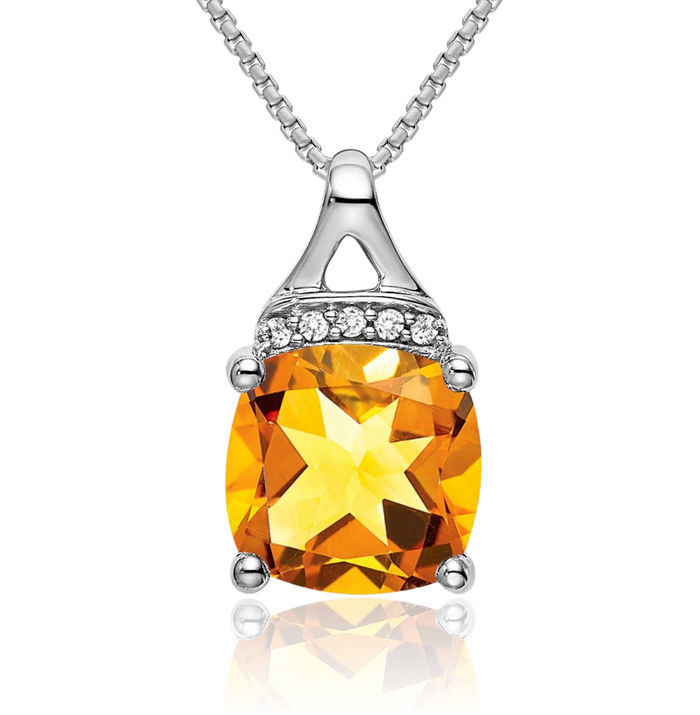 14K Solid White Gold Cushion-Cut Yellow Orange Citrine Diamond Necklace Charm Gemstone Pendant