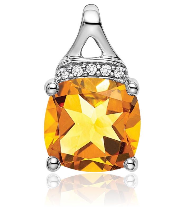 14K Solid White Gold Cushion-Cut Yellow Orange Citrine Diamond Necklace Charm Gemstone Pendant