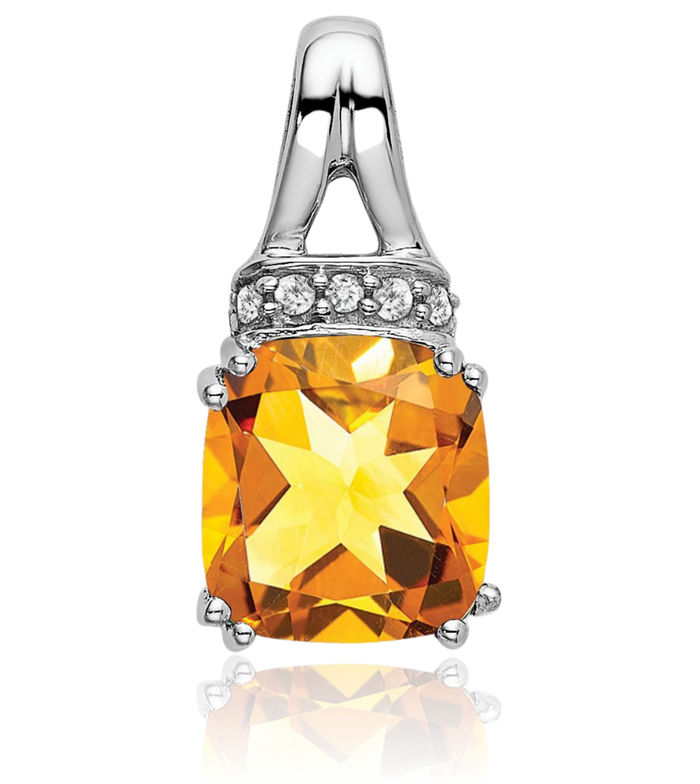 14K Solid White Gold Cushion-Cut Yellow Orange Citrine Diamond Necklace Charm Gemstone Pendant