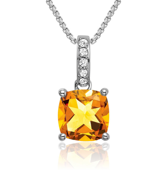 14K Solid White Gold Cushion-Cut Yellow Orange Citrine Diamond Necklace Charm Gemstone Pendant