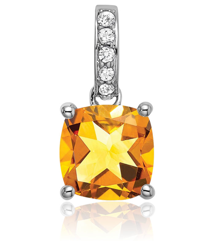 14K Solid White Gold Cushion-Cut Yellow Orange Citrine Diamond Necklace Charm Gemstone Pendant