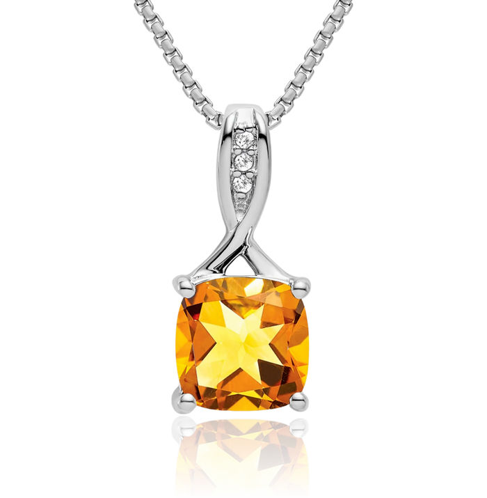 14K Solid White Gold Cushion-Cut Yellow Orange Citrine Diamond Necklace Charm Gemstone Pendant