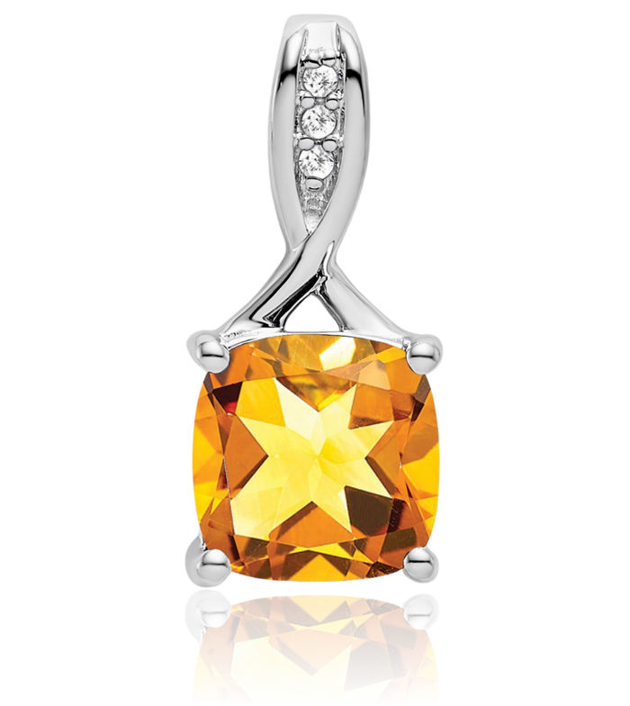 14K Solid White Gold Cushion-Cut Yellow Orange Citrine Diamond Necklace Charm Gemstone Pendant