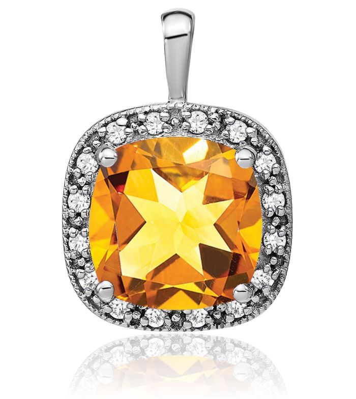 14K Solid White Gold Cushion-Cut Yellow Orange Citrine Diamond Necklace Charm Gemstone Pendant