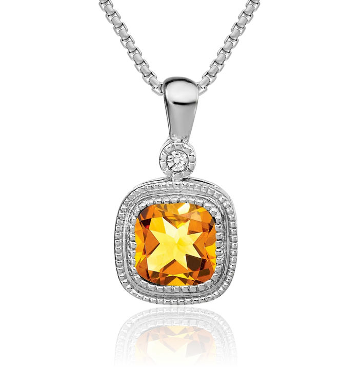 14K Solid White Gold Cushion-Cut Yellow Orange Citrine Diamond Necklace Charm Gemstone Pendant