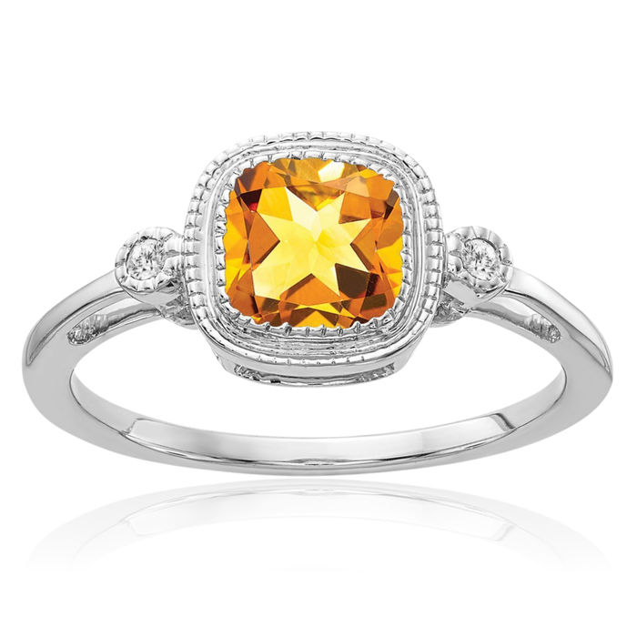 14K Solid White Gold Cushion-Cut Yellow Orange Citrine Diamond Ring Gemstone Band November Birthstone Jewelry