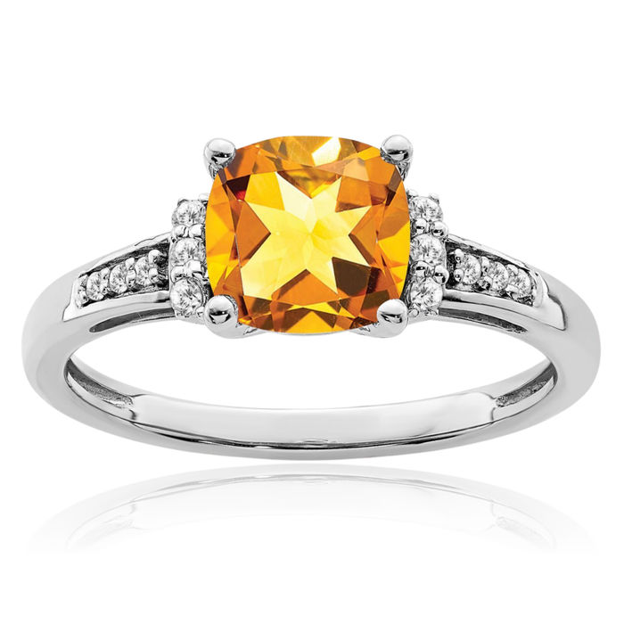 14K Solid White Gold Cushion-Cut Yellow Orange Citrine Diamond Ring Gemstone Band November Birthstone Jewelry