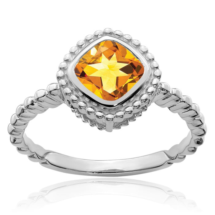 14K Solid White Gold Cushion-Cut Yellow Orange Citrine Ring Gemstone Band November Birthstone Jewelry