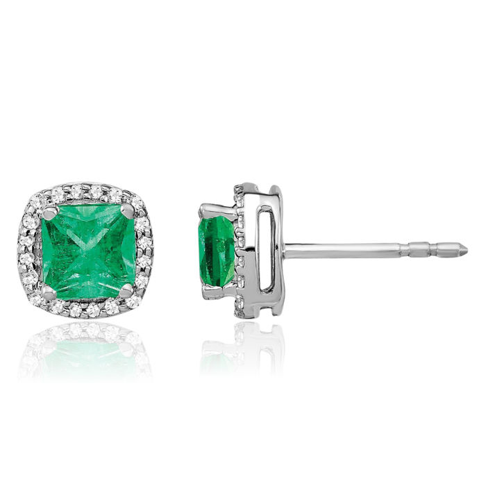 14K Solid White Gold Cushion-Cut Green Emerald Diamond Halo Round Stud Earrings May Birthstone Jewelry