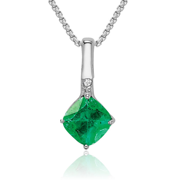 14K Solid White Gold Cushion-Cut Green Emerald Diamond Necklace Charm Gemstone Pendant