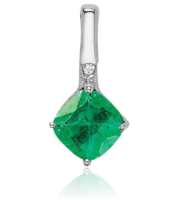 14K Solid White Gold Cushion-Cut Green Emerald Diamond Necklace Charm Gemstone Pendant