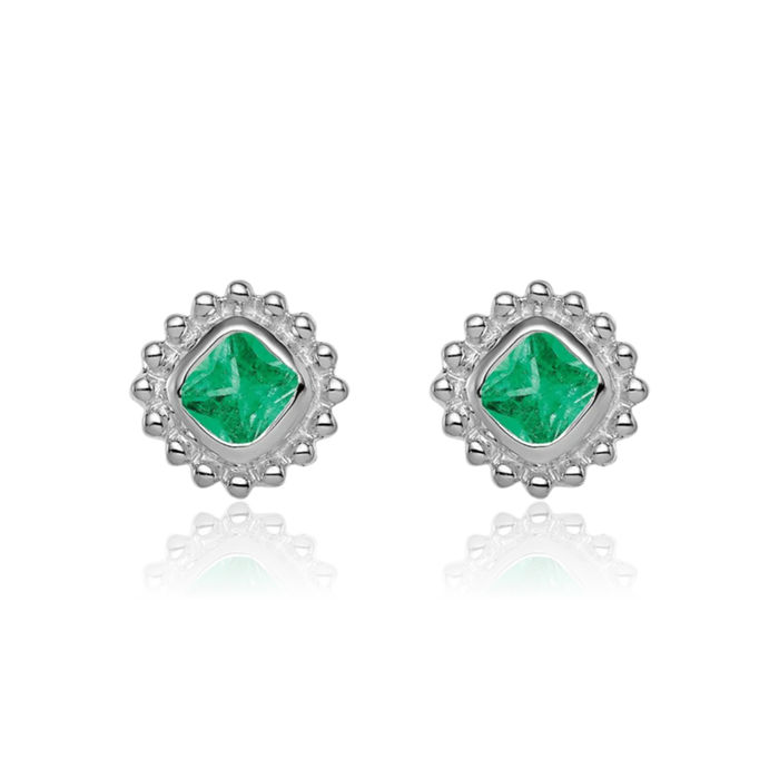 14K Solid White Gold Cushion-Cut Green Emerald Stud Earrings May Birthstone Jewelry