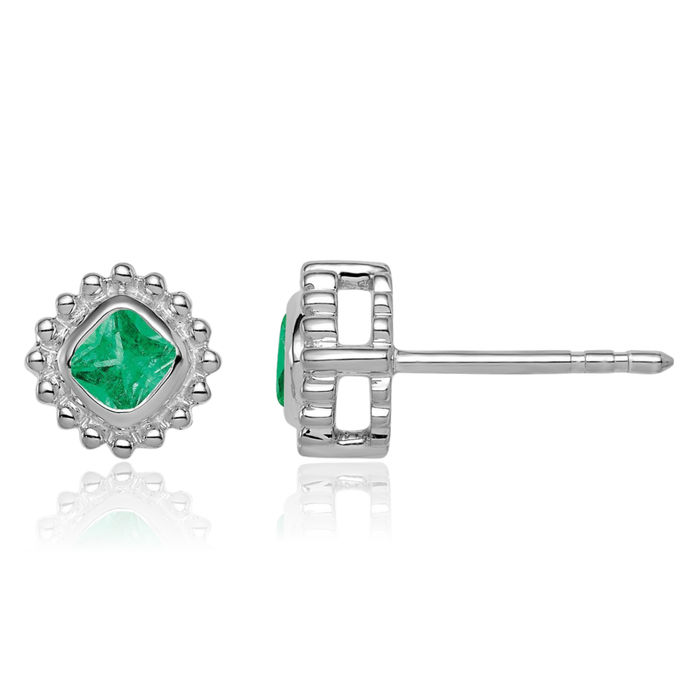 14K Solid White Gold Cushion-Cut Green Emerald Stud Earrings May Birthstone Jewelry