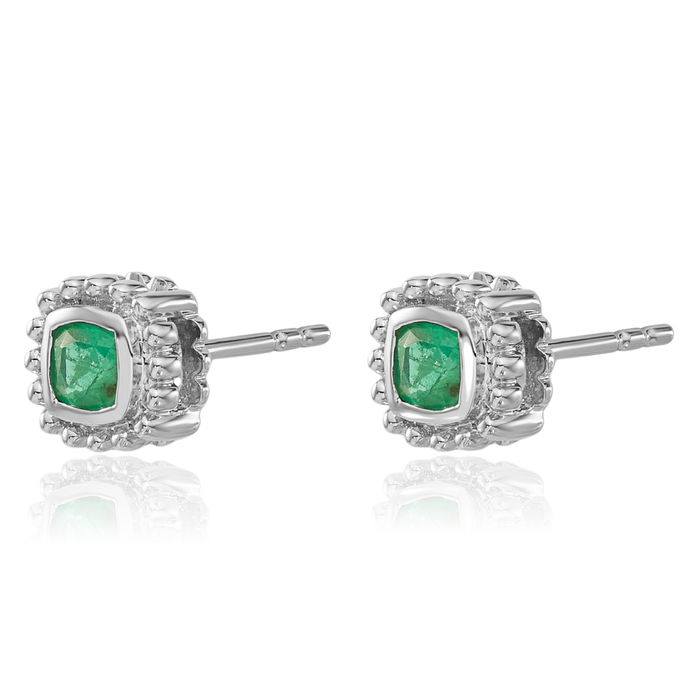 14K Solid White Gold Cushion-Cut Green Emerald Stud Earrings May Birthstone Jewelry