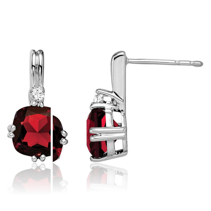 14K Solid White Gold Cushion-Cut Red Garnet Diamond Drop Dangle Earrings Gemstone Post Push Back January Birthstone Jewelry