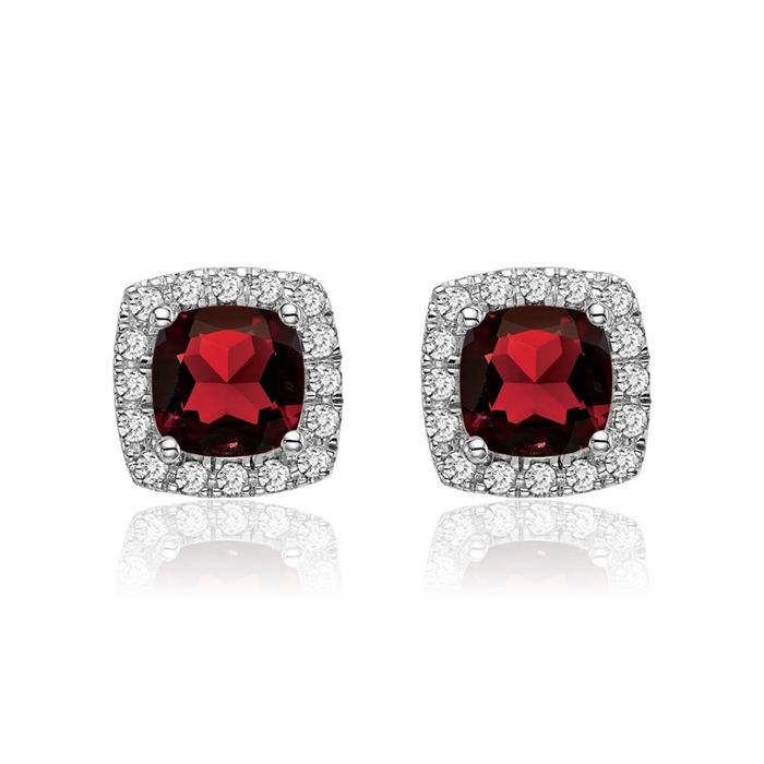 14K Solid White Gold Cushion-Cut Red Garnet Diamond Halo Round Stud Earrings January Birthstone Jewelry