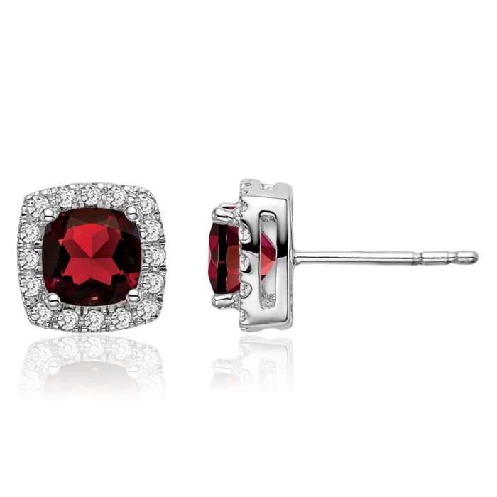 14K Solid White Gold Cushion-Cut Red Garnet Diamond Halo Round Stud Earrings January Birthstone Jewelry