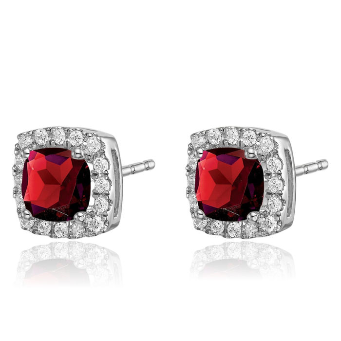 14K Solid White Gold Cushion-Cut Red Garnet Diamond Halo Round Stud Earrings January Birthstone Jewelry