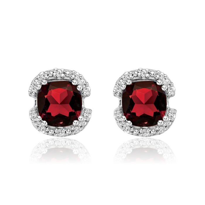 14K Solid White Gold Cushion-Cut Red Garnet Diamond Halo Round Stud Earrings January Birthstone Jewelry