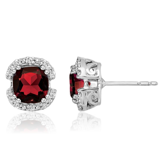 14K Solid White Gold Cushion-Cut Red Garnet Diamond Halo Round Stud Earrings January Birthstone Jewelry