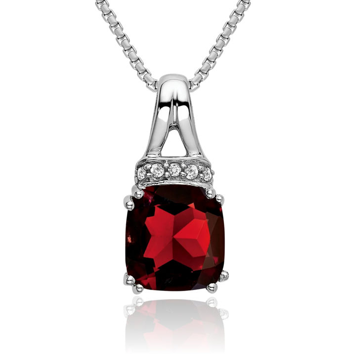 14K Solid White Gold Cushion-Cut Red Garnet Diamond Necklace Charm Gemstone Pendant