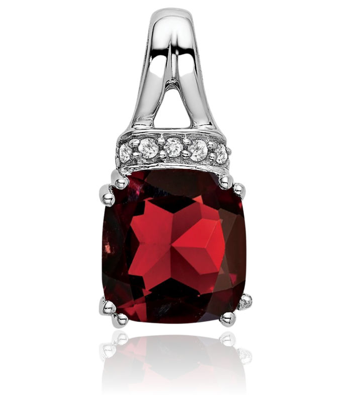 14K Solid White Gold Cushion-Cut Red Garnet Diamond Necklace Charm Gemstone Pendant