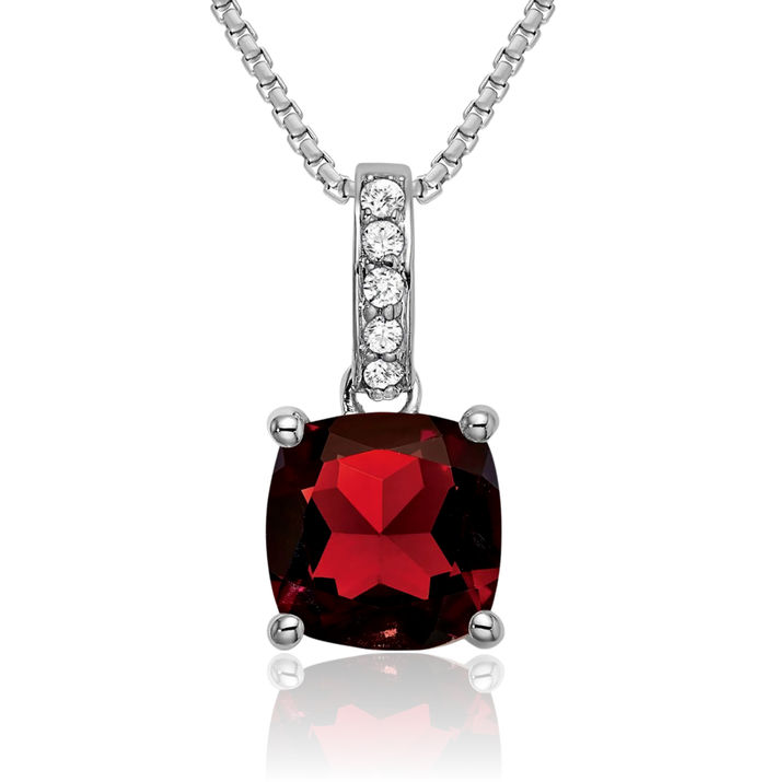 14K Solid White Gold Cushion-Cut Red Garnet Diamond Necklace Charm Gemstone Pendant