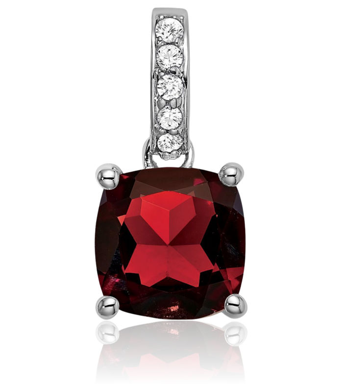 14K Solid White Gold Cushion-Cut Red Garnet Diamond Necklace Charm Gemstone Pendant