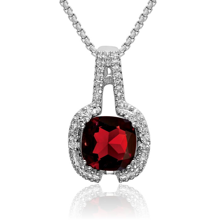 14K Solid White Gold Cushion-Cut Red Garnet Diamond Necklace Charm Gemstone Pendant