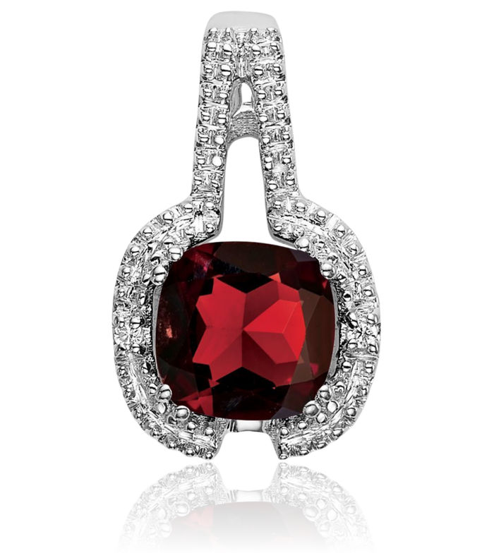 14K Solid White Gold Cushion-Cut Red Garnet Diamond Necklace Charm Gemstone Pendant