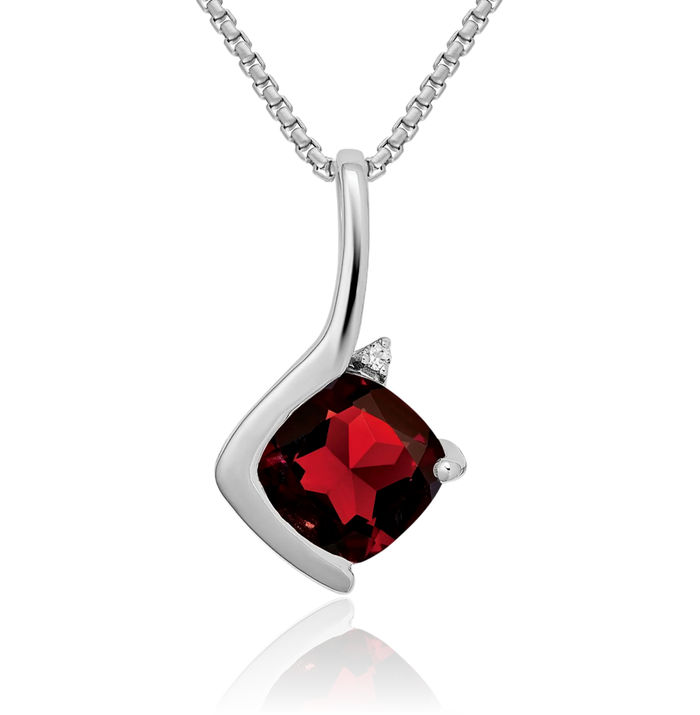 14K Solid White Gold Cushion-Cut Red Garnet Diamond Necklace Charm Gemstone Pendant