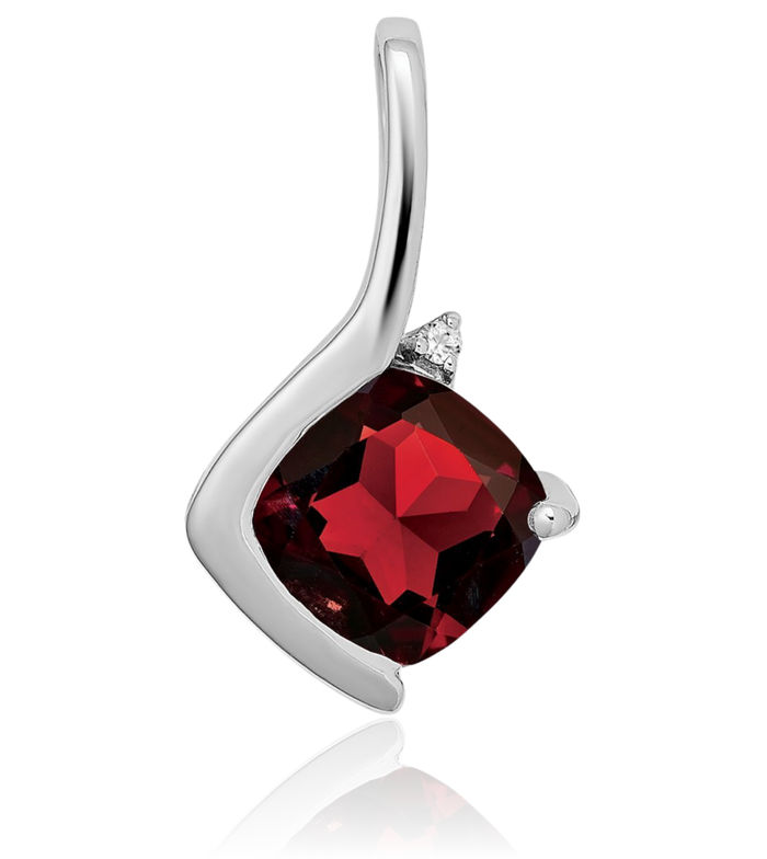 14K Solid White Gold Cushion-Cut Red Garnet Diamond Necklace Charm Gemstone Pendant