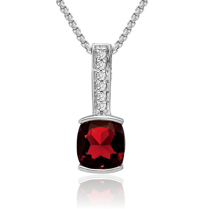 14K Solid White Gold Cushion-Cut Red Garnet Diamond Necklace Charm Gemstone Pendant