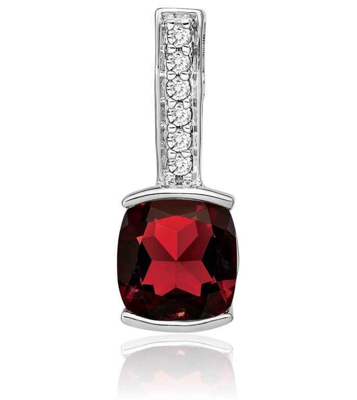 14K Solid White Gold Cushion-Cut Red Garnet Diamond Necklace Charm Gemstone Pendant