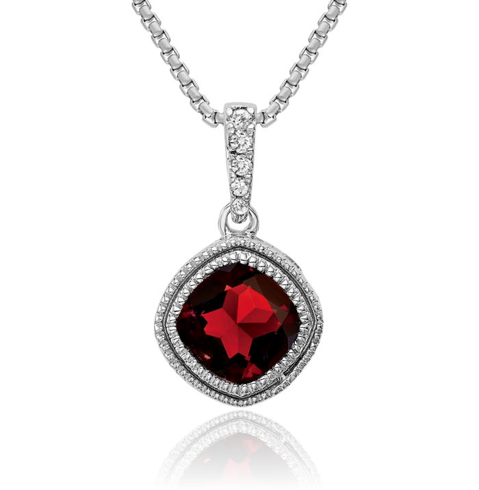 14K Solid White Gold Cushion-Cut Red Garnet Diamond Necklace Charm Gemstone Pendant