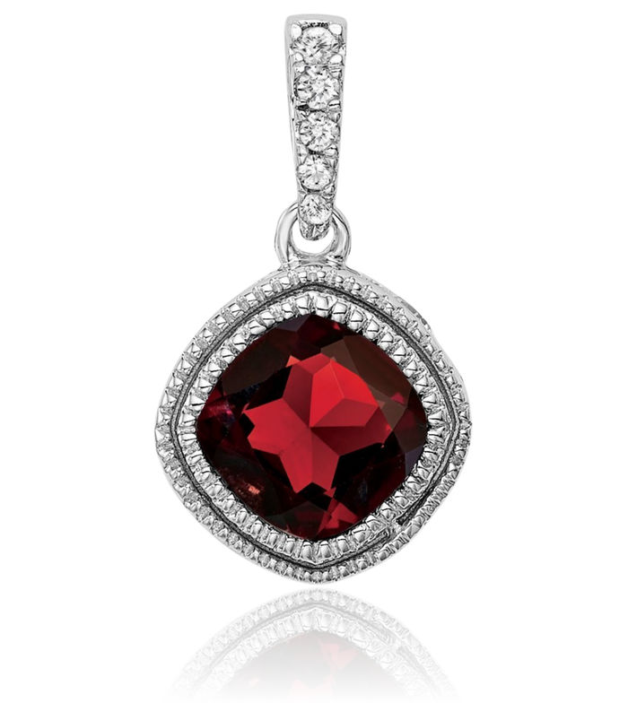 14K Solid White Gold Cushion-Cut Red Garnet Diamond Necklace Charm Gemstone Pendant