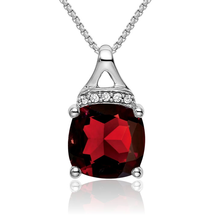 14K Solid White Gold Cushion-Cut Red Garnet Diamond Necklace Charm Gemstone Pendant