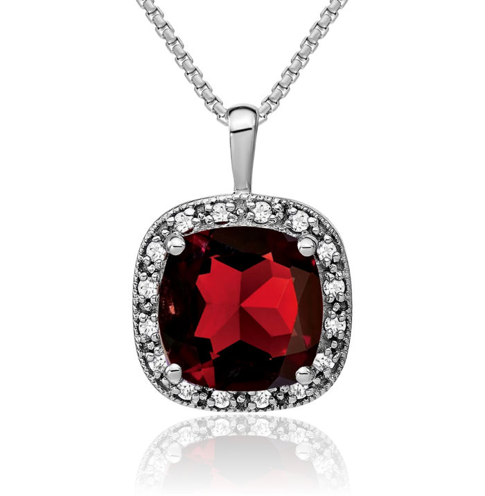 14K Solid White Gold Cushion-Cut Red Garnet Diamond Necklace Charm Gemstone Pendant