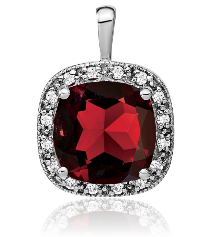 14K Solid White Gold Cushion-Cut Red Garnet Diamond Necklace Charm Gemstone Pendant