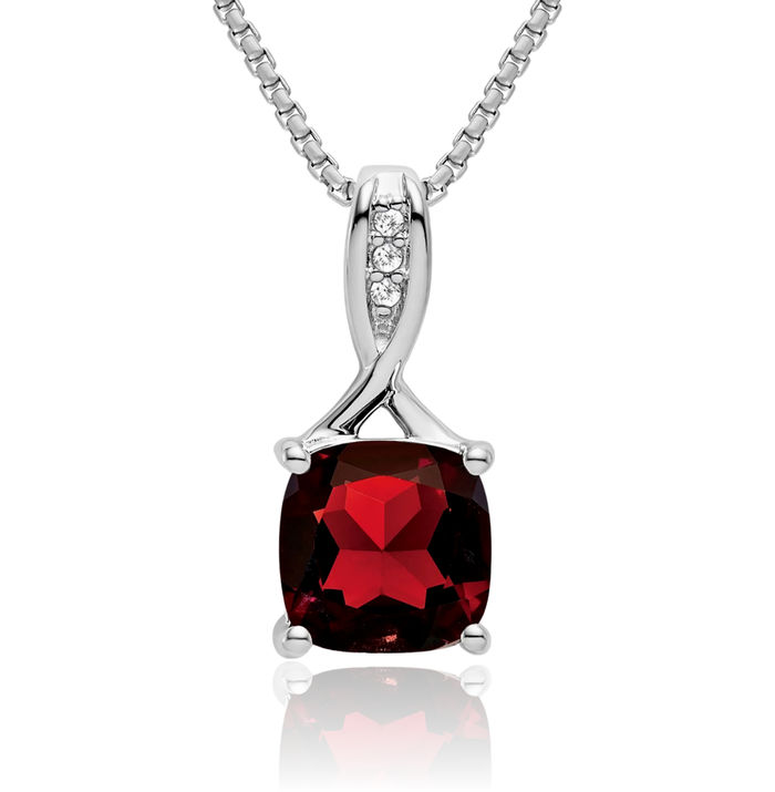 14K Solid White Gold Cushion-Cut Red Garnet Diamond Necklace Charm Gemstone Pendant