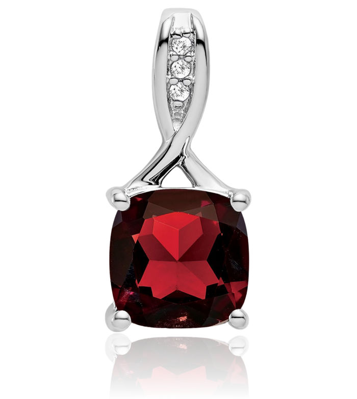 14K Solid White Gold Cushion-Cut Red Garnet Diamond Necklace Charm Gemstone Pendant