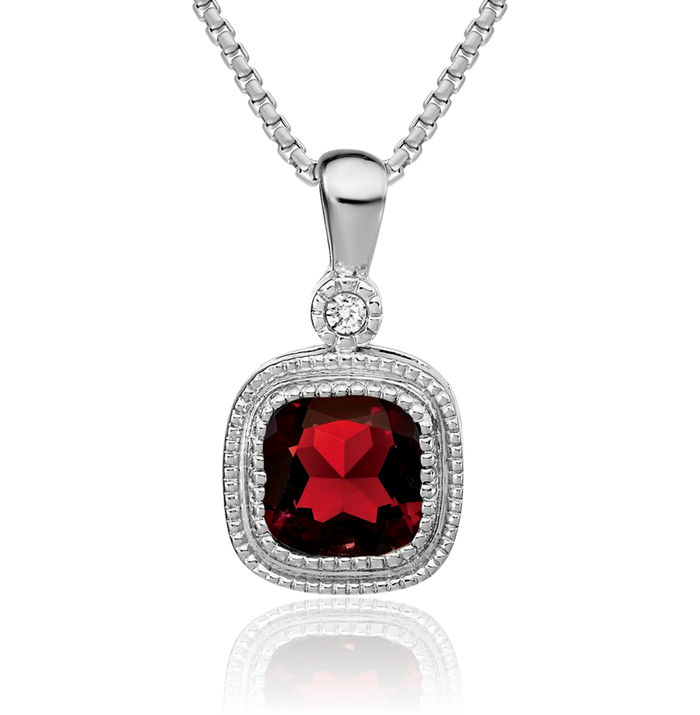 14K Solid White Gold Cushion-Cut Red Garnet Diamond Necklace Charm Gemstone Pendant