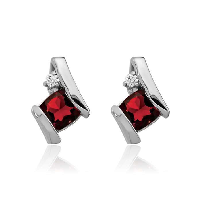 14K Solid White Gold Cushion-Cut Red Garnet Diamond Stud Earrings Gemstone Post Push Back January Birthstone Jewelry