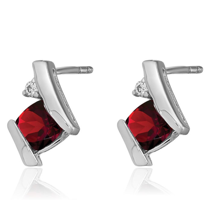 14K Solid White Gold Cushion-Cut Red Garnet Diamond Stud Earrings Gemstone Post Push Back January Birthstone Jewelry