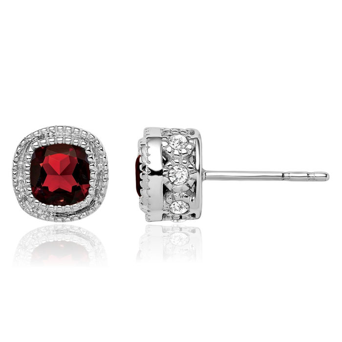 14K Solid White Gold Cushion-Cut Red Garnet Diamond Stud Solitaire Earrings January Birthstone Jewelry