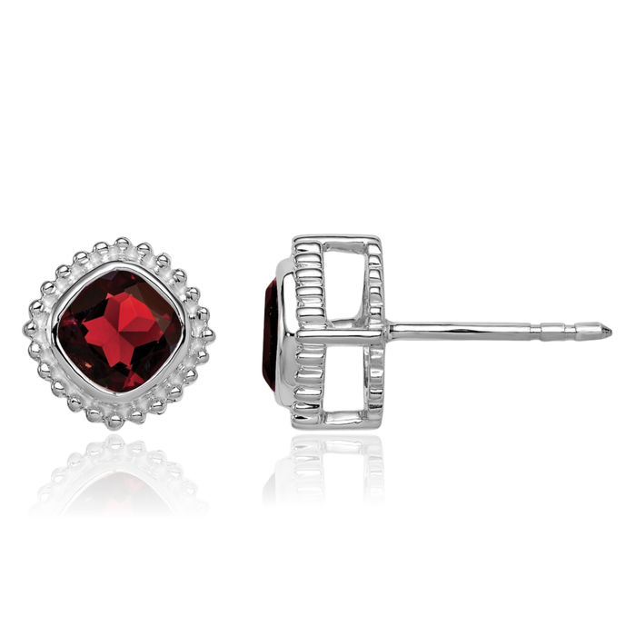 14K Solid White Gold Cushion-Cut Red Garnet Stud Earrings January Birthstone Jewelry