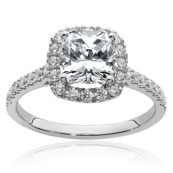 14K Solid White Gold Cushion-Cut Halo Round Moissanite Engagement Ring